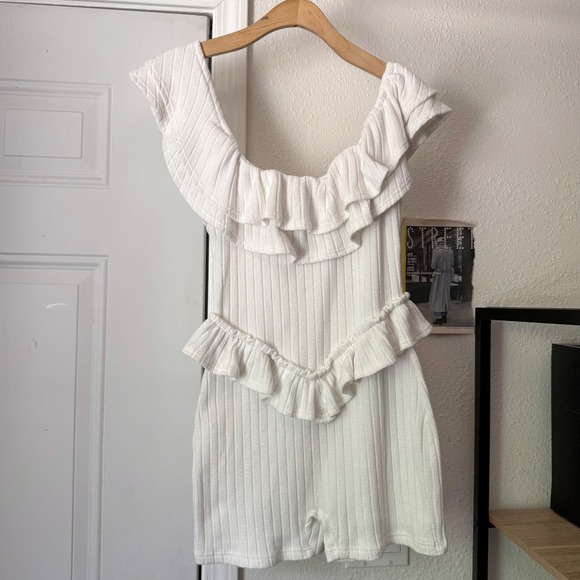 Fashion Brand Company Pants - FASHION BRAND COMPANY white ruffle pointelle rib ribbed off shoulder knit romper